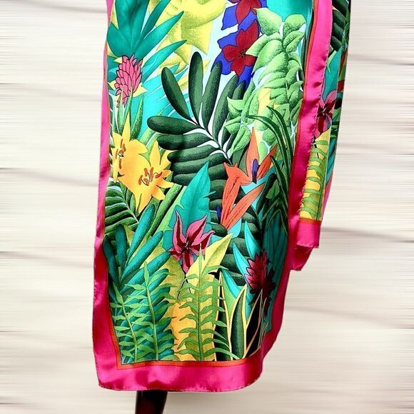 Perry Ellis Oblong Silk Scarf Bright Green Pink Tropical Floral 17x64” Japan Vtg - Picture 9 of 12